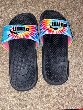 Puma Black Slides with Rainbow Tie-Dye Straps